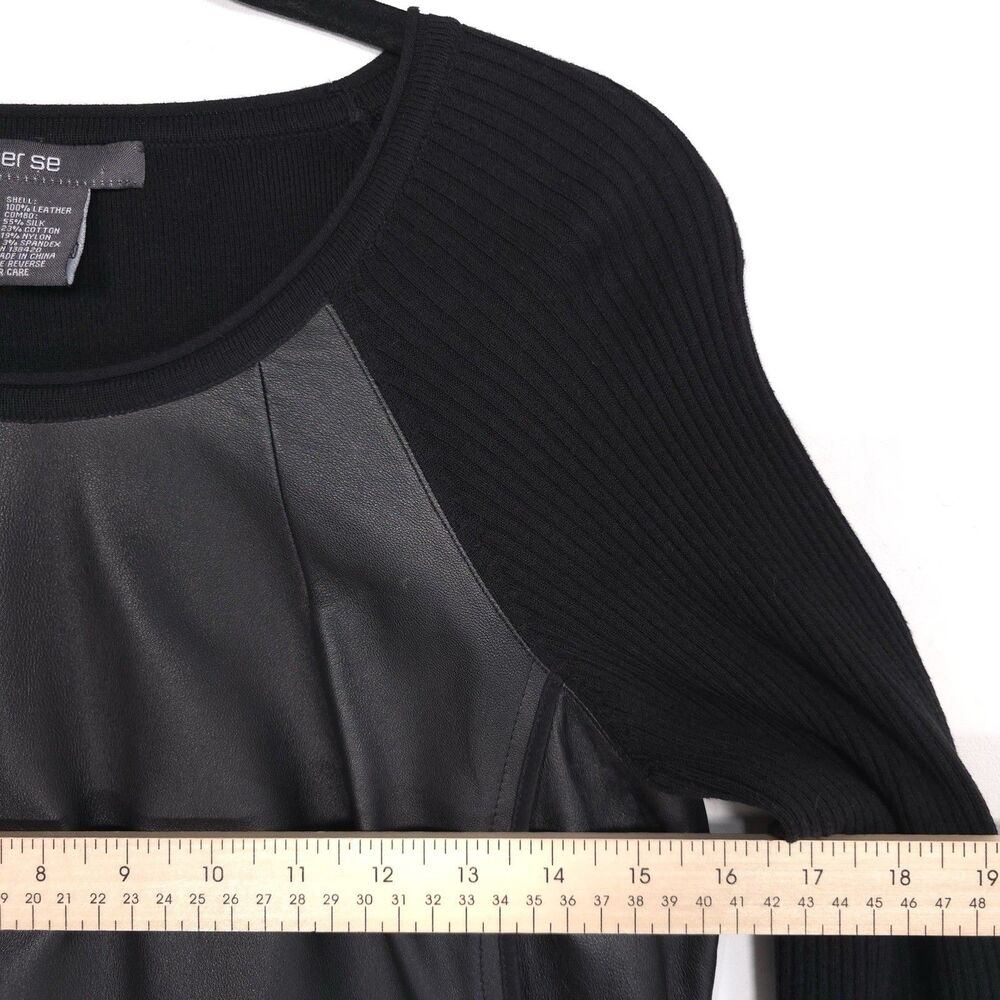 per se GENUINE LEATHER Women’s Top Sweater MEDIUM Black Combo SILK Blend Long Sl - Picture 5 of 9